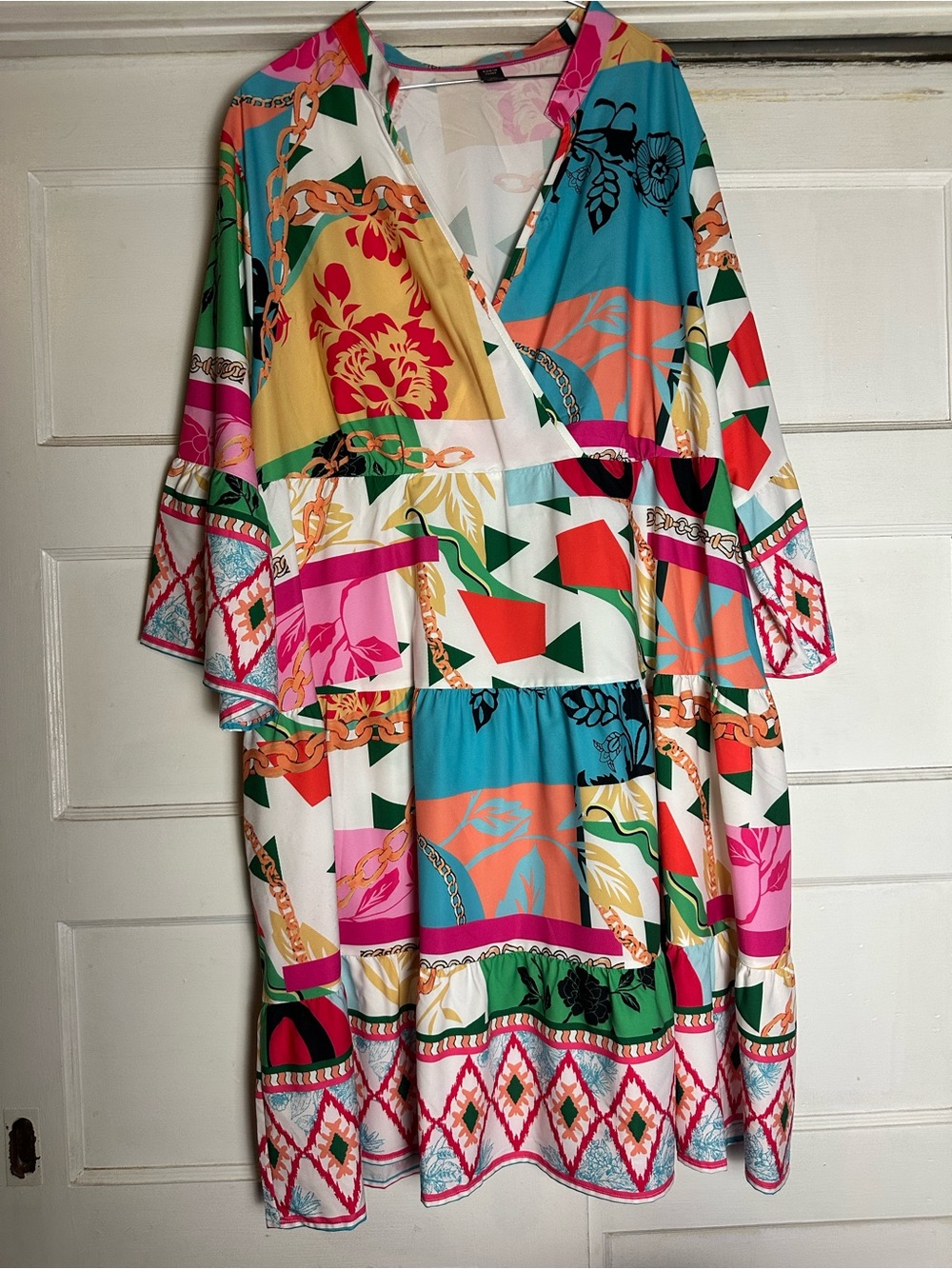 Multicolor Patchwork V-Neck Midi Dress